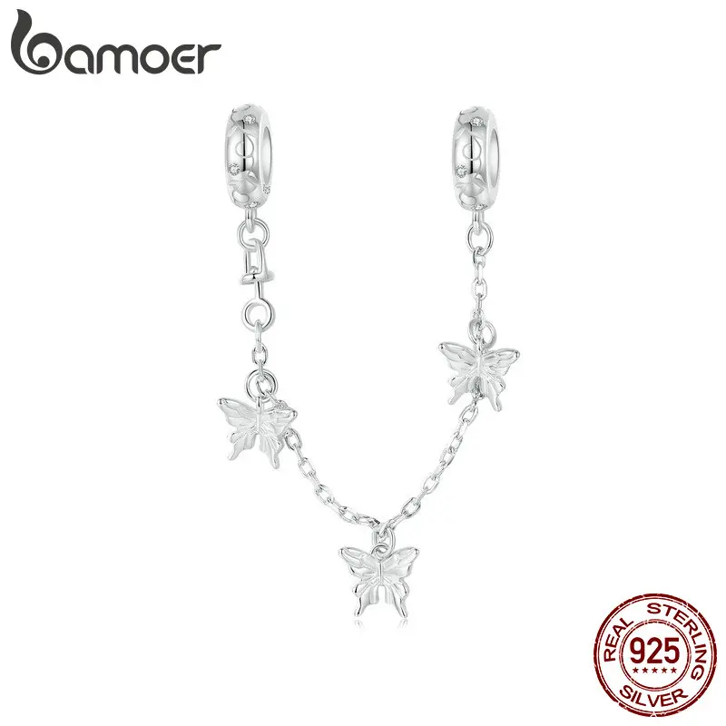 

BAMOER Genuine 925 Sterling Silver Butterfly Safety Chain Charm Fit for Charm Bracelets White Gold Plated DIY Jewelry Accessory