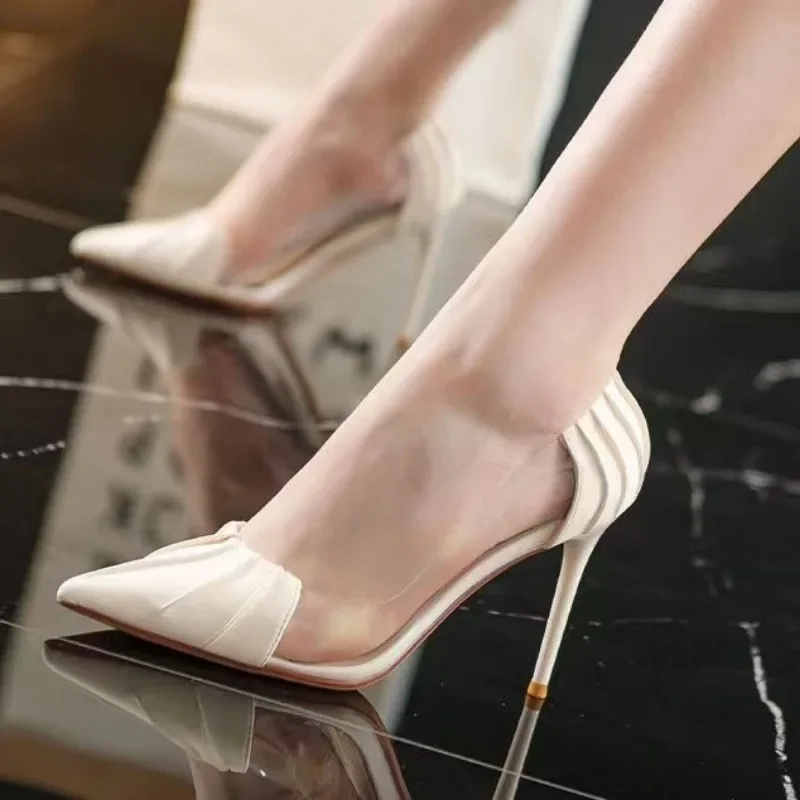 2023 New Autumn Women Shoes European and American Pointed Stitching Transparent PVC High Heel Low-Cut Pumps Women