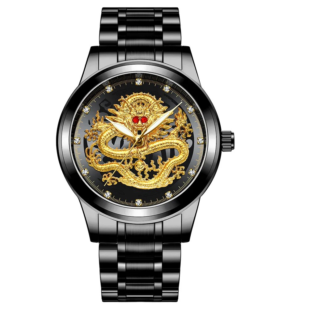 New Men Watch Dragon Quartz Wristwatch Gold Skeleton Retro Man Watch Top Brand Luxury Clock Mens Watches Reloj Hombre