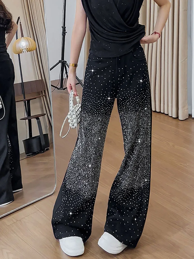 

Черные джинсы со стразами, осенние новые женские расклешенные джинсовые брюки с высокой талией, элегантные повседневные прямые брюки в пол