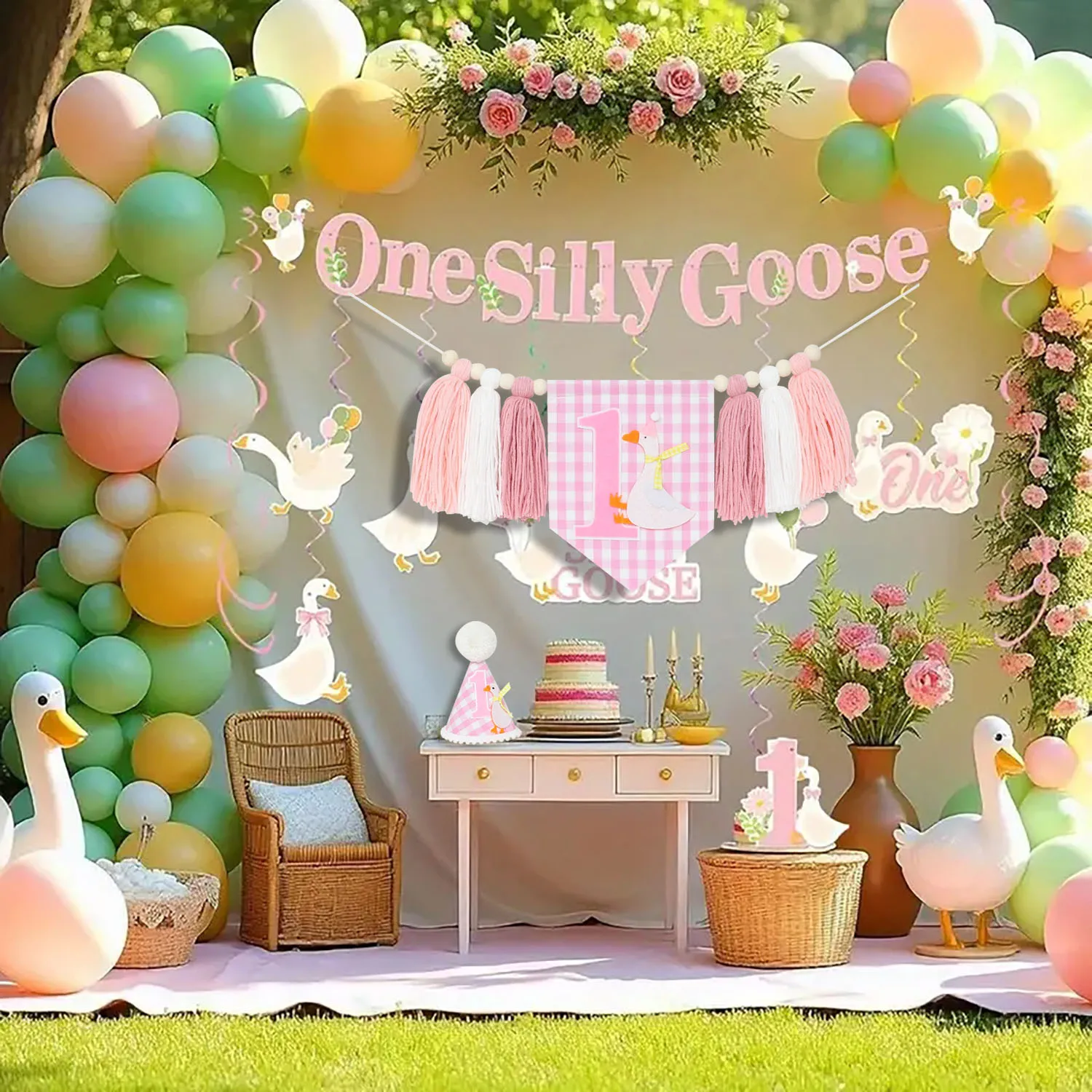 Partydekoration zum 1. Geburtstag mit Gänsemotiv, rosa kariertes Girlandenbanner, Geburtstagshut im Bohemian-Stil, Foto-Requisite zum Geburtstag des Mädchens – Detail 2