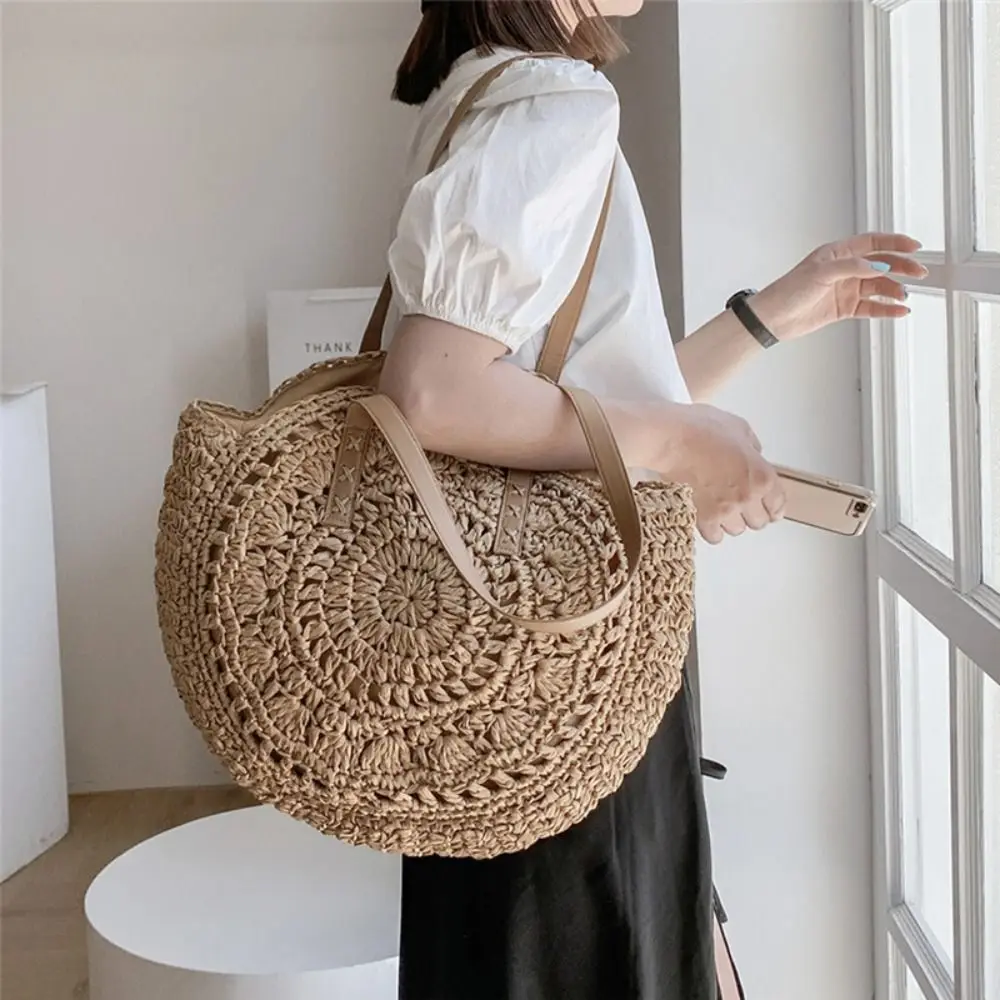 

Fashion Round Straw Weave Bag Handmade Hollow Straw Tote Bag Boho Large Capacity Woven Shoulder Bag Travel