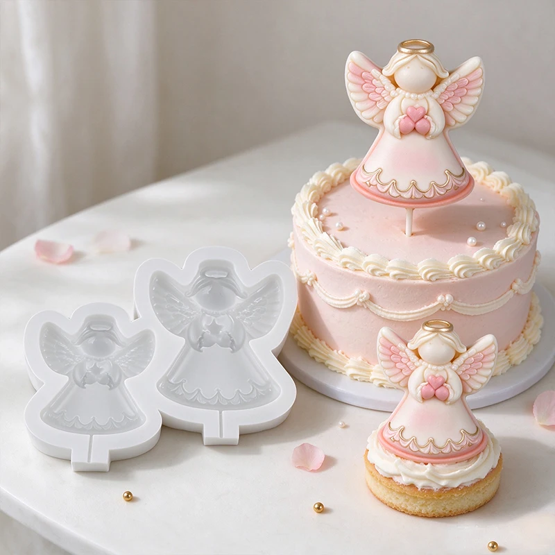 Heart Angel Silicone Mold 2-Cavity Angel Cake Topper Lollipop Chocolate Candy Fondant Candle Plaster Resin Mould