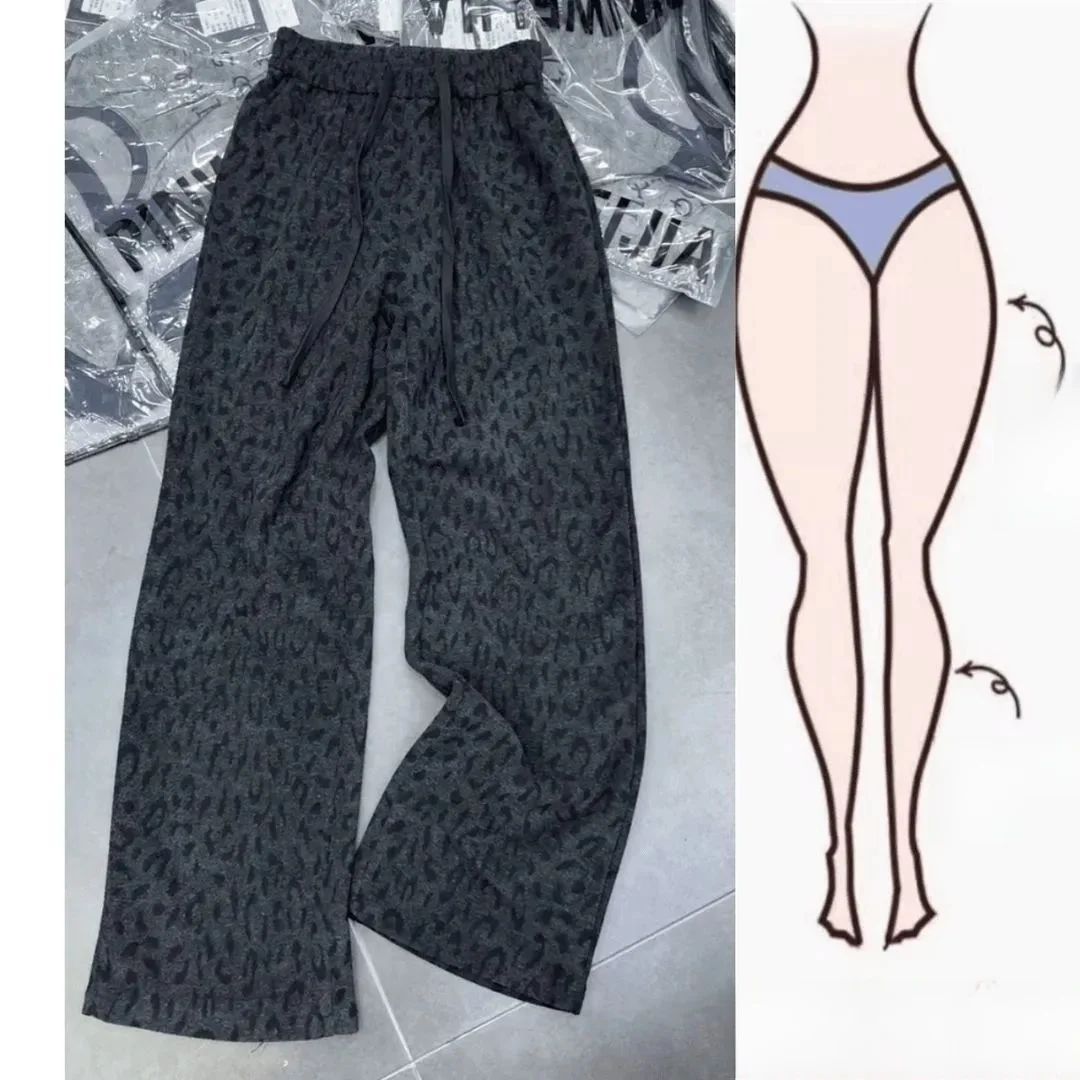 Autumn Winter Women's Slimming Fleece Lined Wide Leg Pants Leopard Print Casual Warm Trousers High Waist Straight Cut Commute