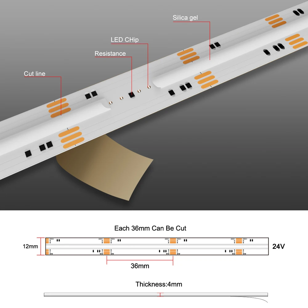 RGBCCT RGBW COB LED Strip 12mm 840leds High Bright  DC 24V Dimmable LED Lights High Density Flexible Light Tape for Room Decor