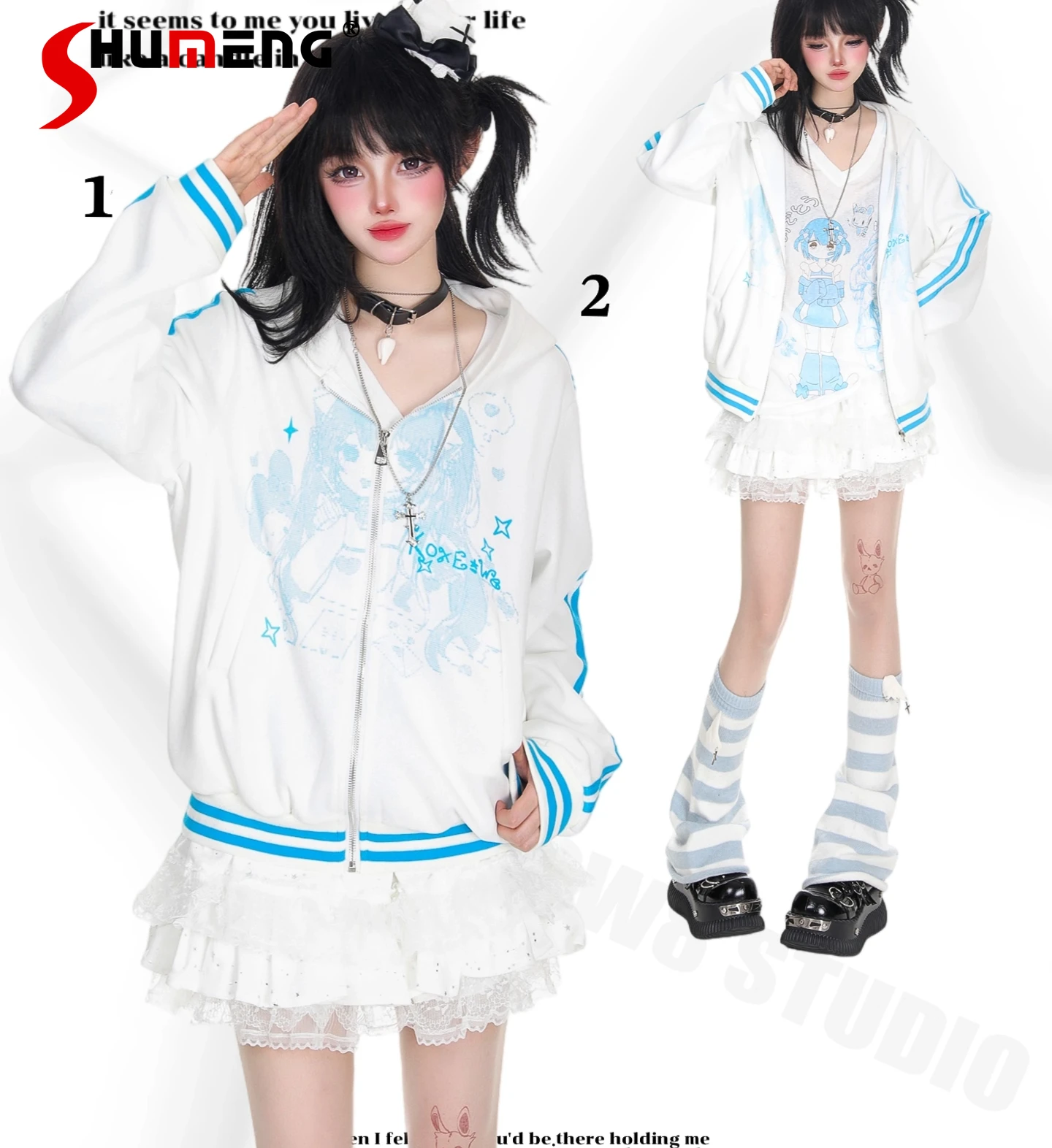Sudaderas con capucha de estilo subcultura japonesa para mujer, sudaderas con estampado de dibujos animados, holgadas, versátiles, informales, de manga larga, con cremallera, chaquetas de otoño