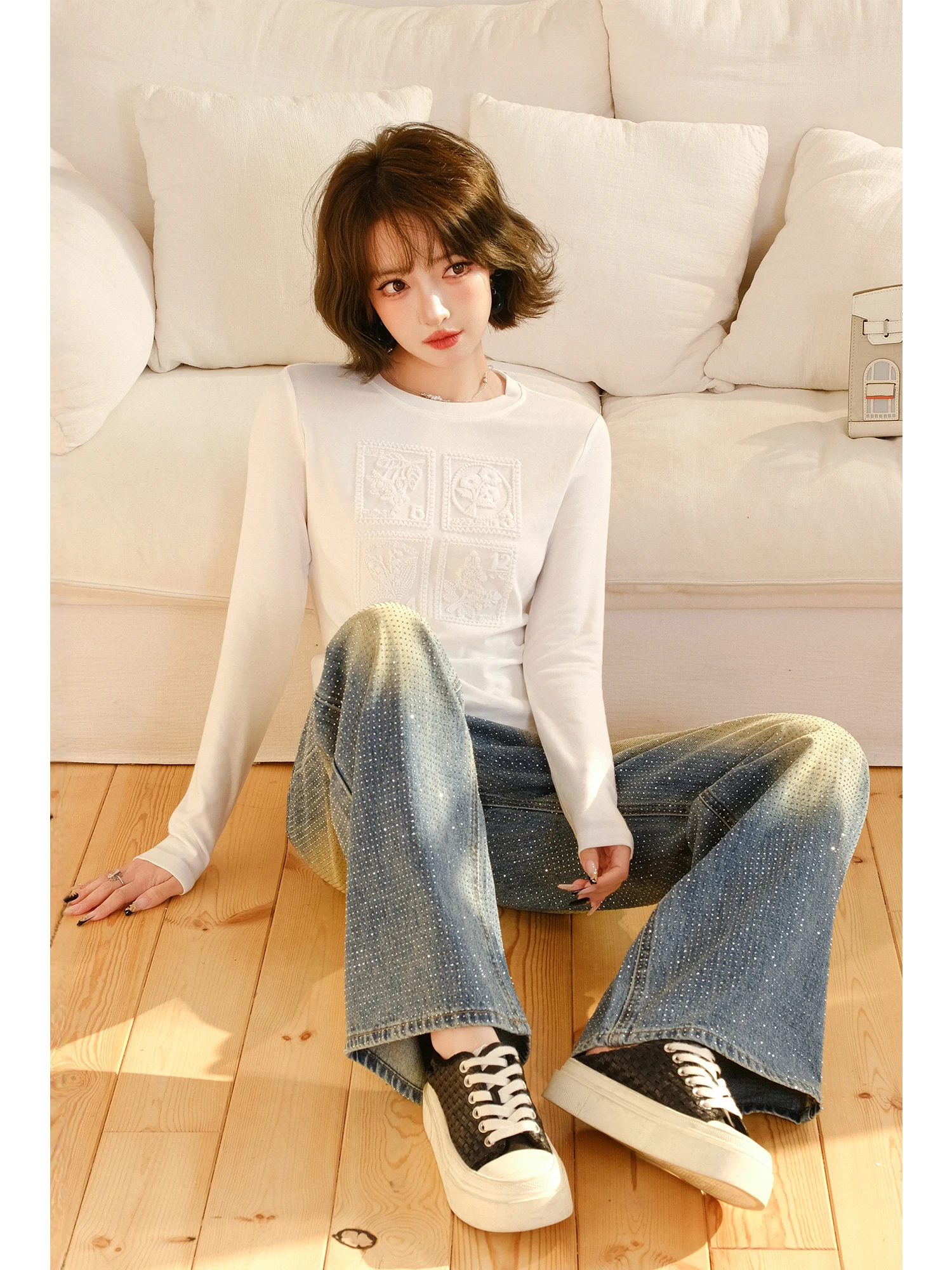 

Футболка MIUCO с объемной 3D-вышивкой из лиоцелла, шелка и шерсти, с длинным рукавом, белая, повседневная, с круглым вырезом, весенняя