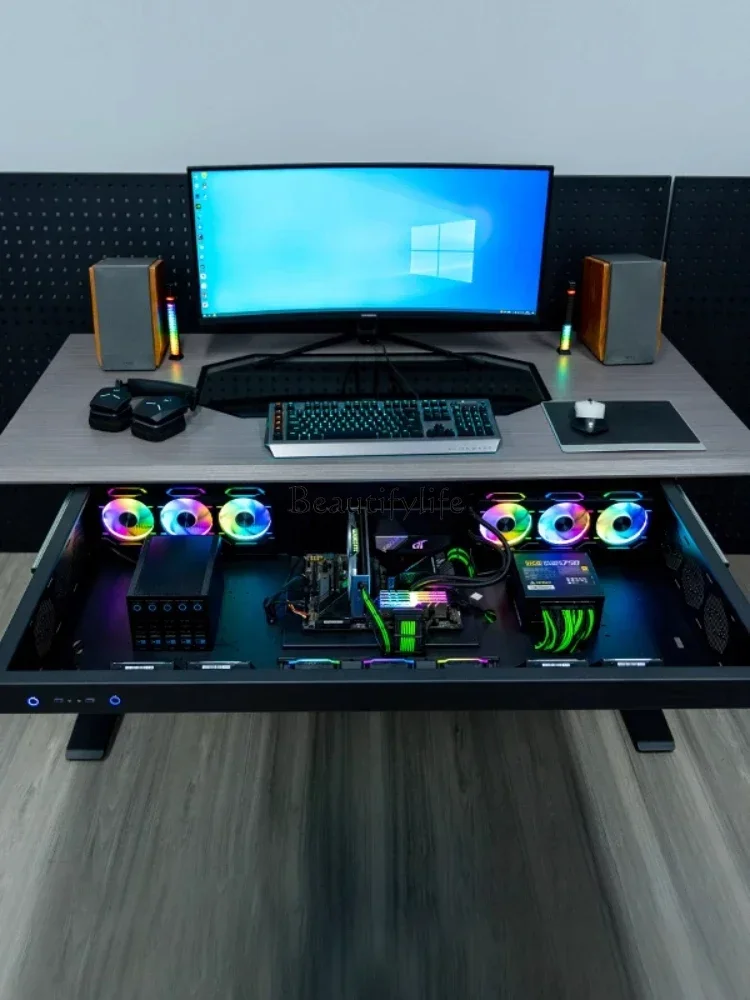 

Integrated transparent desktop assembly machine, drawer type large chassis, electric lifting e-sports table