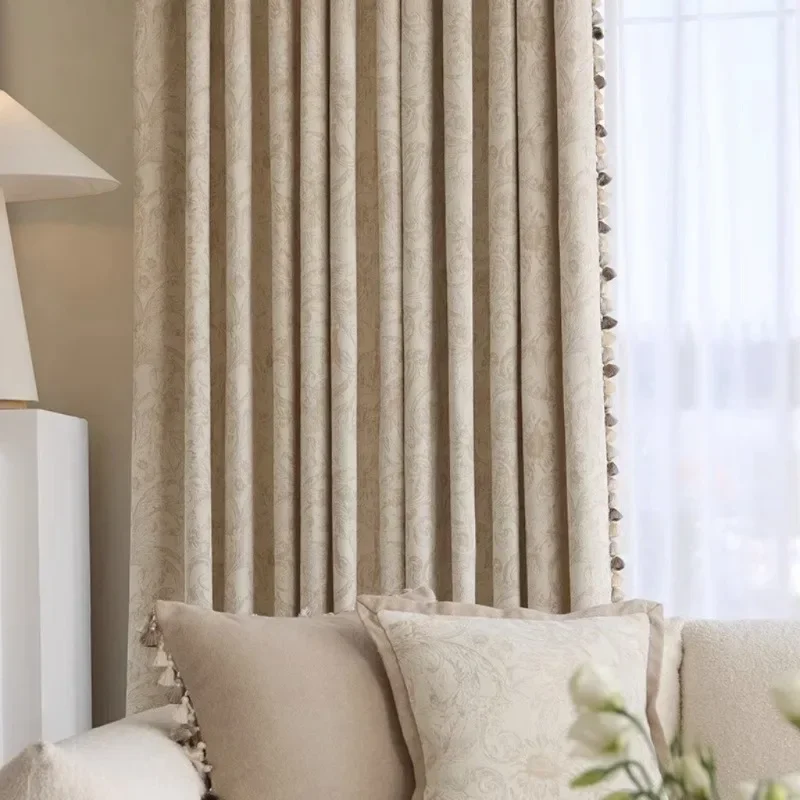 Retro Modern Luxury French Cream Style Drapes in Living Room Woven Chenille Jacquard Bedroom Blackout Thicken Window Curtain