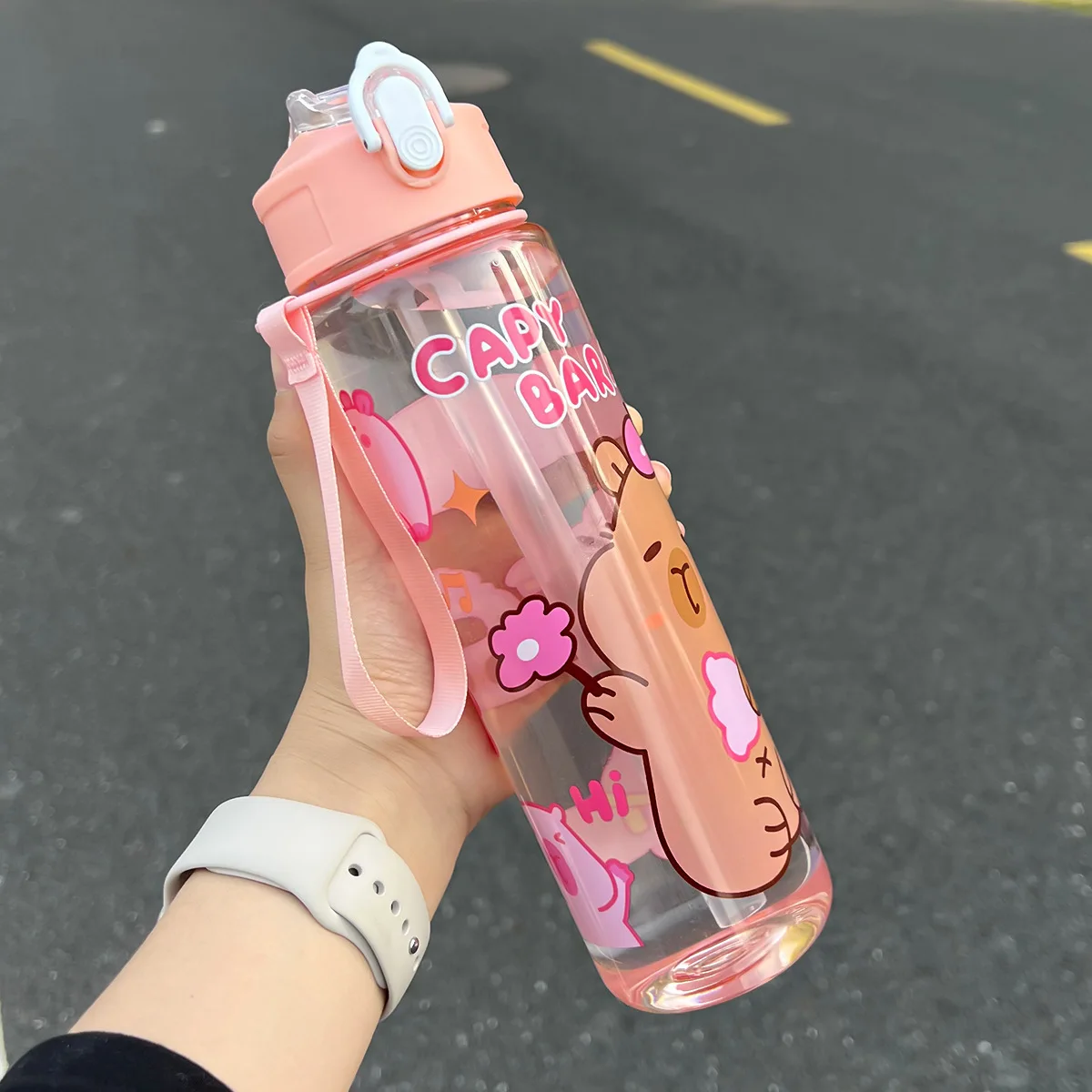 

750ML New Apybara Water Cup Outdoor Portable Sports Fitness Straw Cup with Lifting Rope Cup Student Kawaii Children's Day Gift