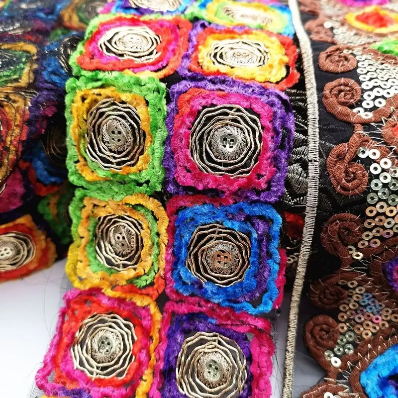 1 Yard Ethnic Embroidery Lace Sequin Embroidery Ribbon Sewing Lace Fabric for Bag Clothing Craft Accessories