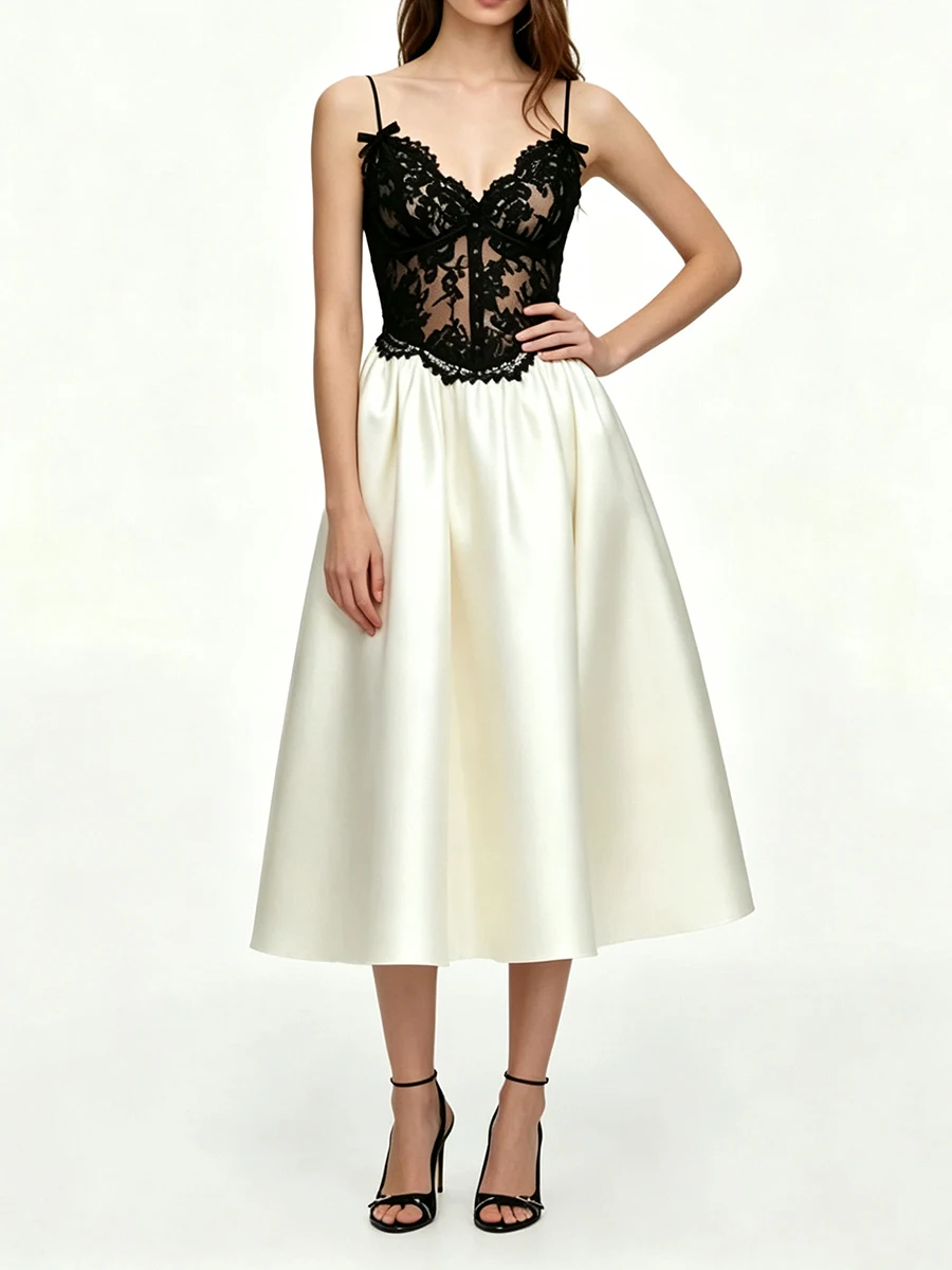 TWOTWINSTYLE Spliced Lace Midi Casual Dress for Women V Neck Sleeveless Patchwork Zipper Slimming Dresses Female Fashion Style