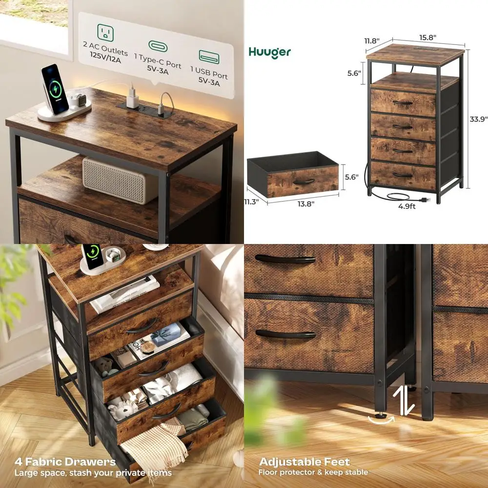 Mesa de Cabeceira Rústica Marrom com Estação de Carregamento, 33,9 de Altura com Prateleira Aberta para Quarto ou Hall de Entrada
