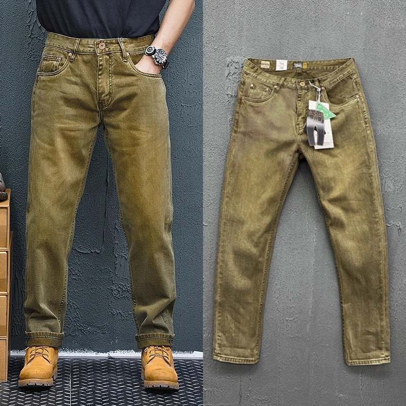 

2025 Spring Autumn New American Retro Heavyweight Khaki Denim Jeans Men's Trendy 100% Cotton Washed Old Straight Casual Pants
