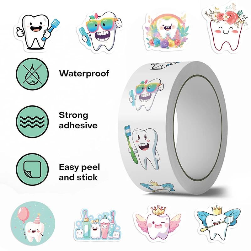 [E] 500 Sheets/roll Protect Teeth Cartoon Stickers For Kids Students Graffiti Laptop Stationery Cute Sticker Dental Clinic Gifts