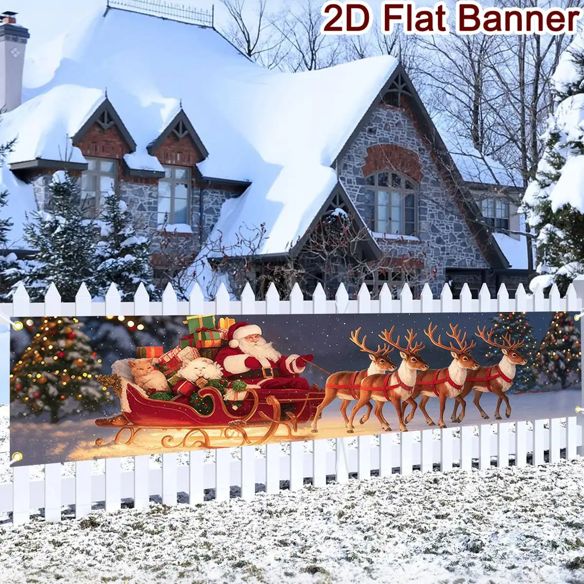 1pc Merry Christmas Banner Santa Claus Reindeer Polyester Hanging Banner Christmas Decor for Home 2026 New Year Outdoor Decor