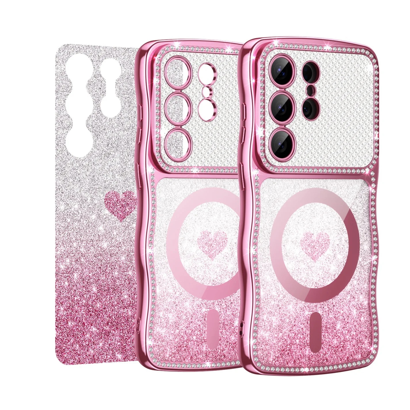 For Samsung Galaxy S26/S26 Plus/S26 Ultra Luxury Glitter Diamond Wavy Edge Cute Heart Bling Sparkle Gradient Shockproof Cover