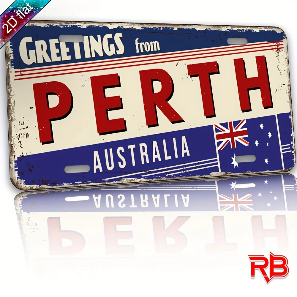 2D Flat, 1pc Vintage Australian-Themed Metal Wall Sign -  Plaque   with Perth Australia Map & Landmarks  Printed Indoor