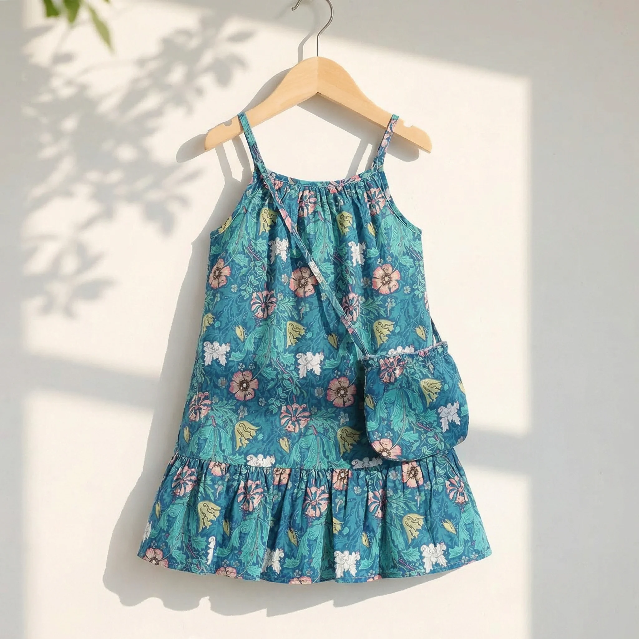 2026 Summer New Blue Floral Dress Beach Leisure Resort Strap Girls' Dresses + Bag Two-piece Set Summer New Girls Clothes