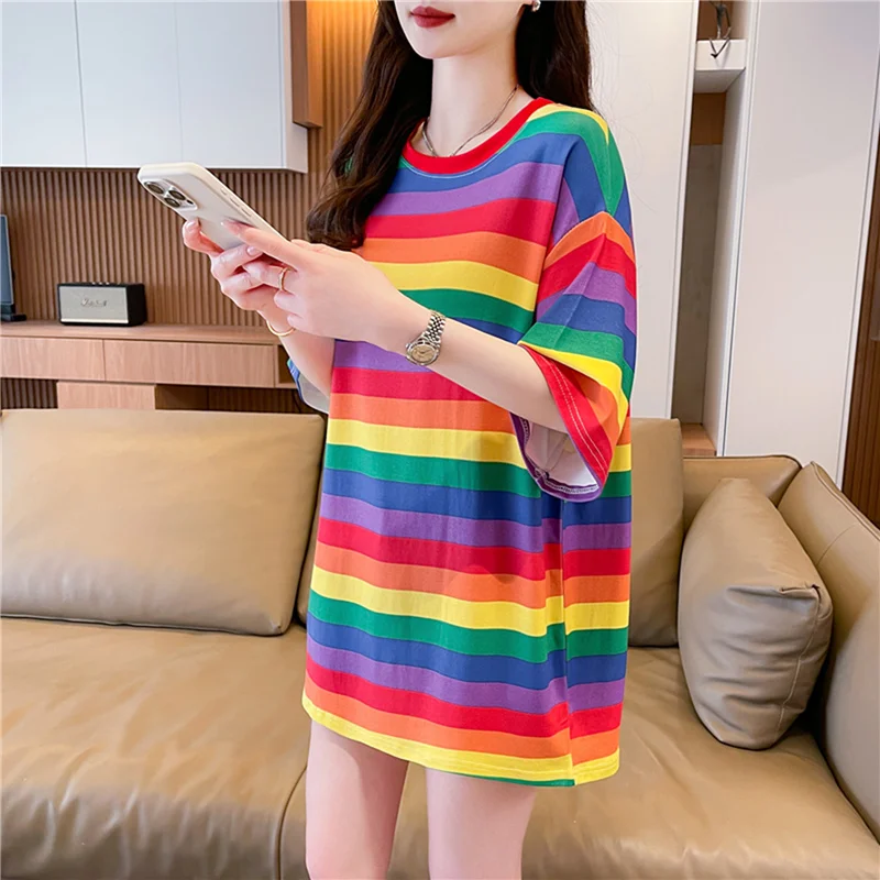 Rainbow Stripes Korean Style Women's T-shirt Half Sleeve Mid-Length Summer Fashion Loose Fit round Neck Print Casual Top