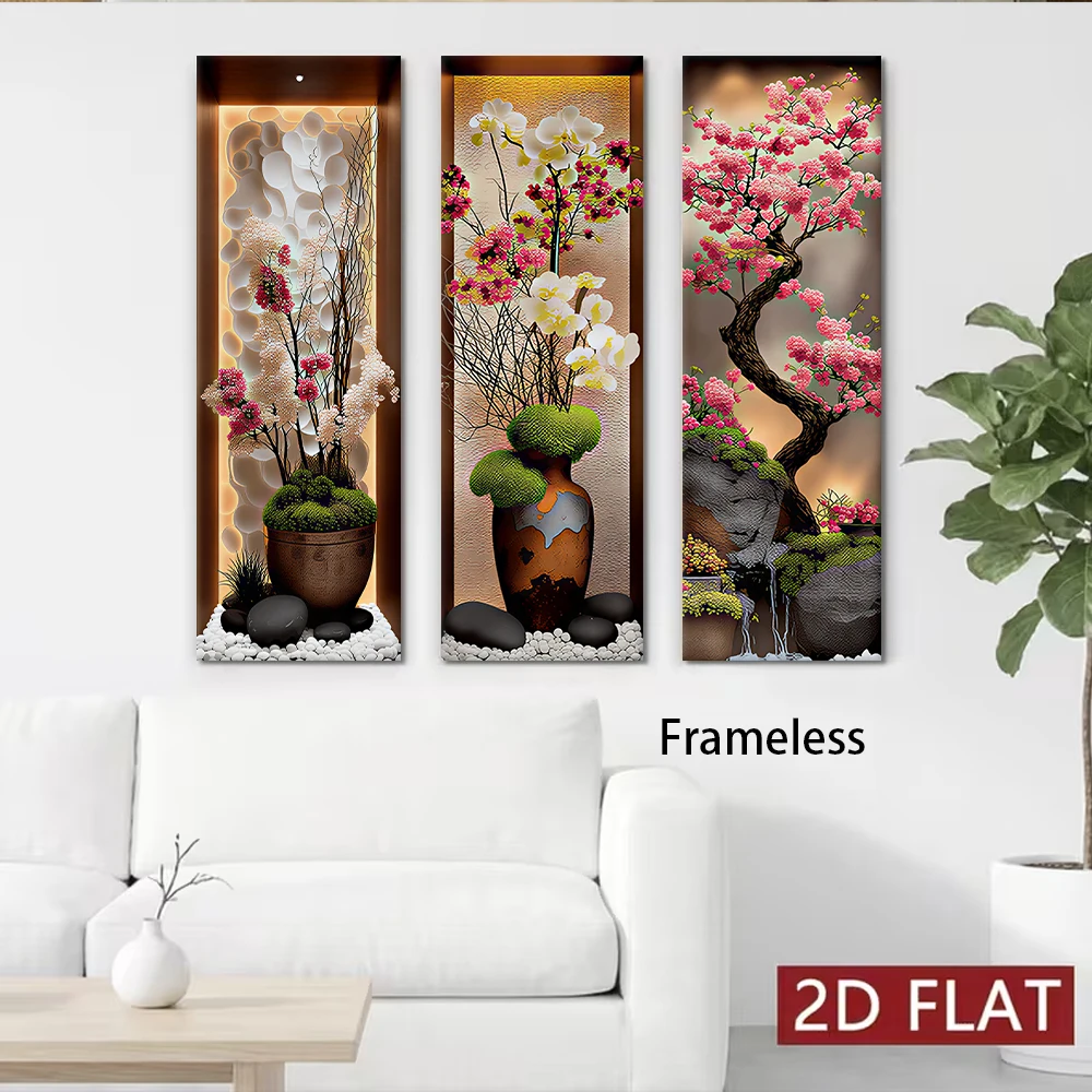 1 Satz neue rahmenlose Triptychon-Gemälde im chinesischen Stil für die Eingangsbereich-Dekoration, Zen-inspirierte Blumen, Wohnzimmer, Flure, Hintergrund