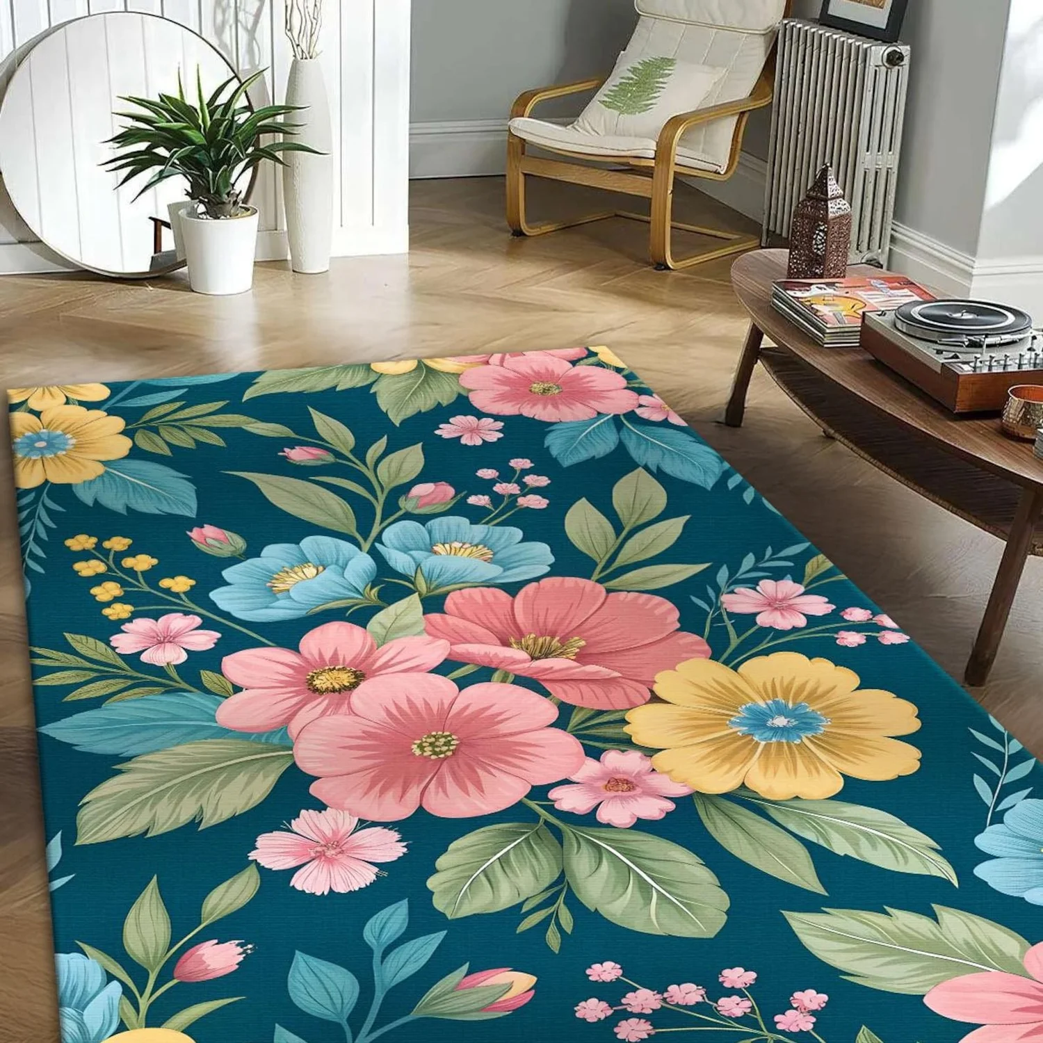 Floral Garden Carpet, Blue-Green Plant Decorative Carpet.