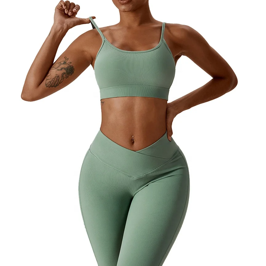 

Women Compression Soft Quick Dry Lightweight Ribbed V Cut Yoga Legging and Bra Set New Trendy Outdoor Workout Yoga Suit