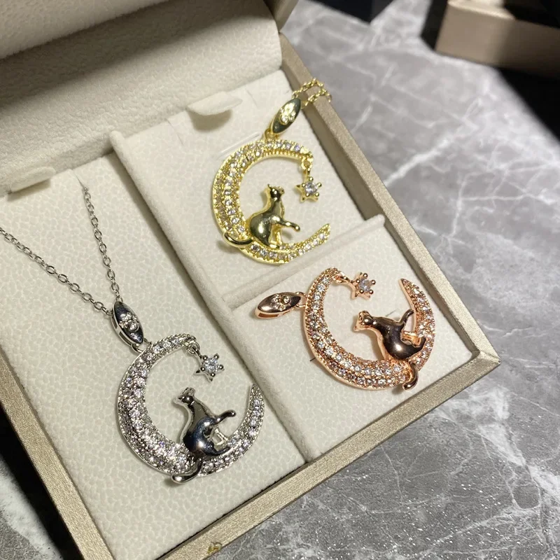 

MDLFES Moiss1n Diamond Style Original Maiden Moon Cat Necklace Women Gold-plated Cute Mori System