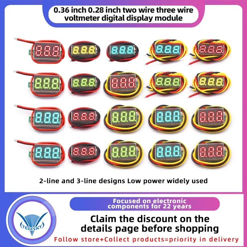5PCS 0.28 /0.36 Inch Two-Wire Three-Wire DC LED Digital Display Voltmeter 0-100V 2.5V-30V Display Meter Red Green Blue Yellow
