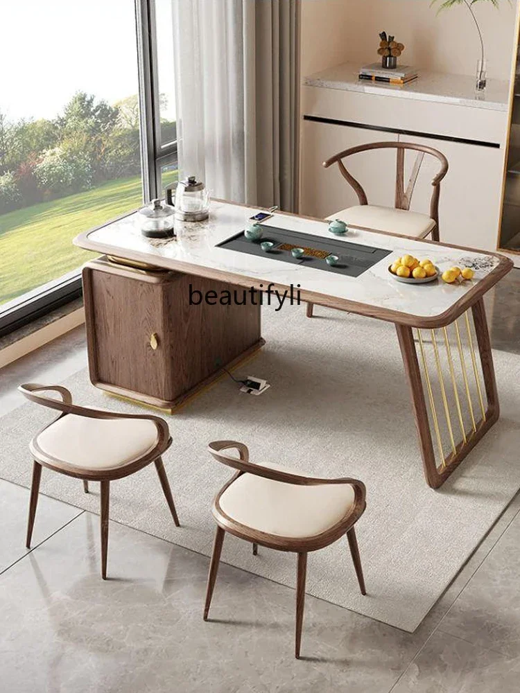 New Chinese Modern Tea Table Light Luxury Rock Board Living Room Home Balcony Tea Making Table Tea Table Solid Wood