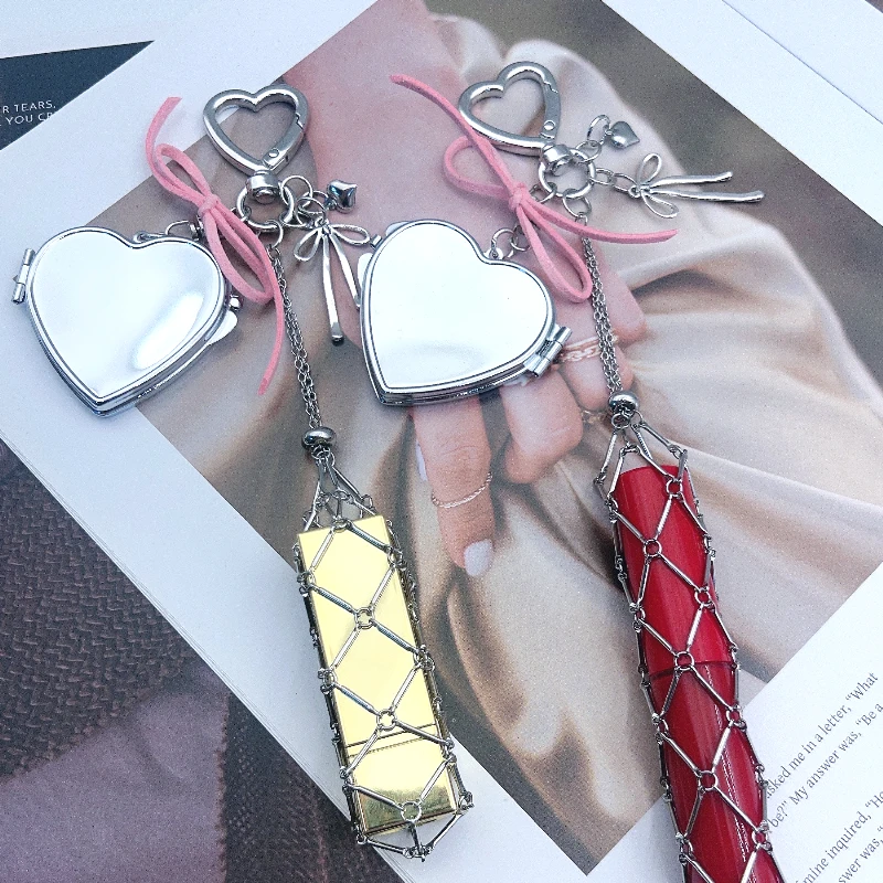 

Creative Lipstick Net Pocket with Bear Mirror Metal Chain Lip Balm Pouch Stainless Steel Bag Keychain Custom Logo Women Gift