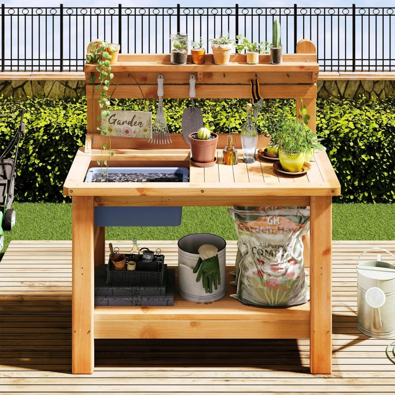 

2026 New：Solid Fir Wood Outdoor Potting Table Large Tabletop, Heavy-Duty Garden Workstation with Removable
