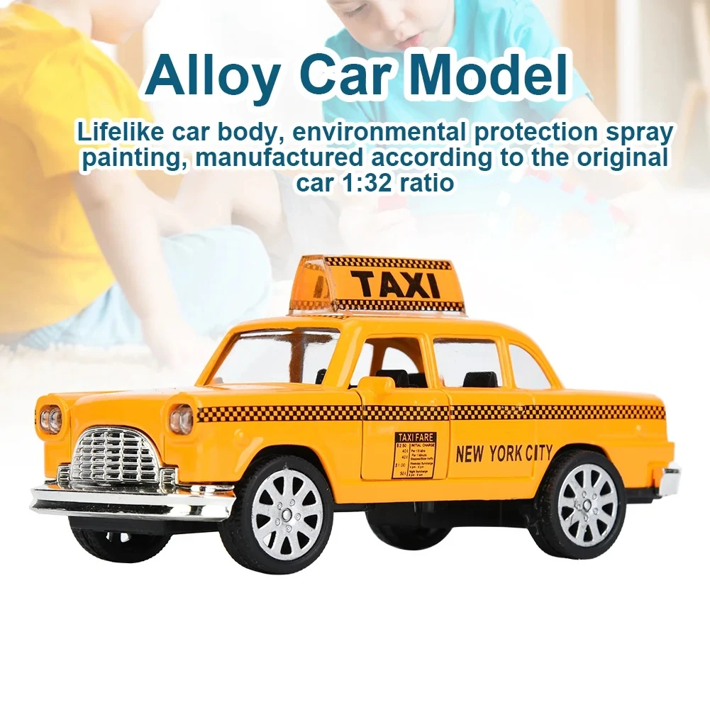 

1/32 литая под давлением модель такси из сплава, ретро-желтая игрушка-кабина со звуком и светом, миниатюрный автомобиль с откатным механизмом, детский подарок для мальчиков и девочек
