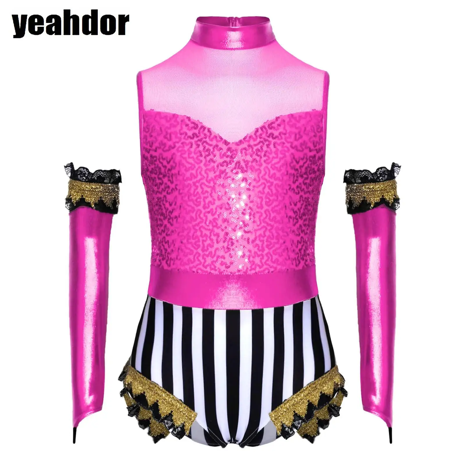 

Girls Circus Sequin Costume Mock Neck Sleeveless Lace Gold Trim Jumpsuit with Glossy Over-Sleeve Halloween Circus Ringmaster Set