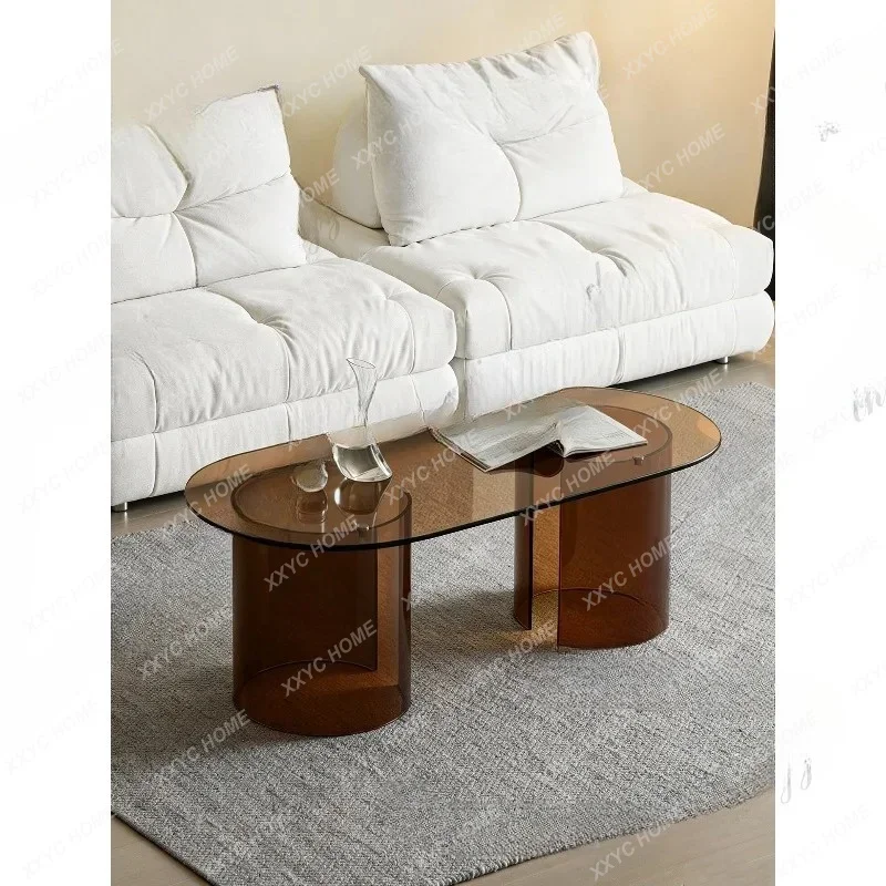 Mocha glass coffee table antique small apartment living room household oval