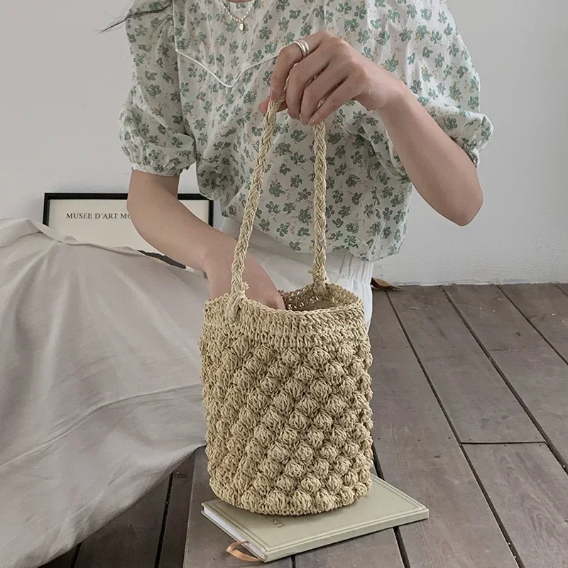 

Handmade Crossbody Bag for Women Beach Bag Weaving Drawstring Straw Bucket Shoulder Bag Female Travle Small Handbags Tote