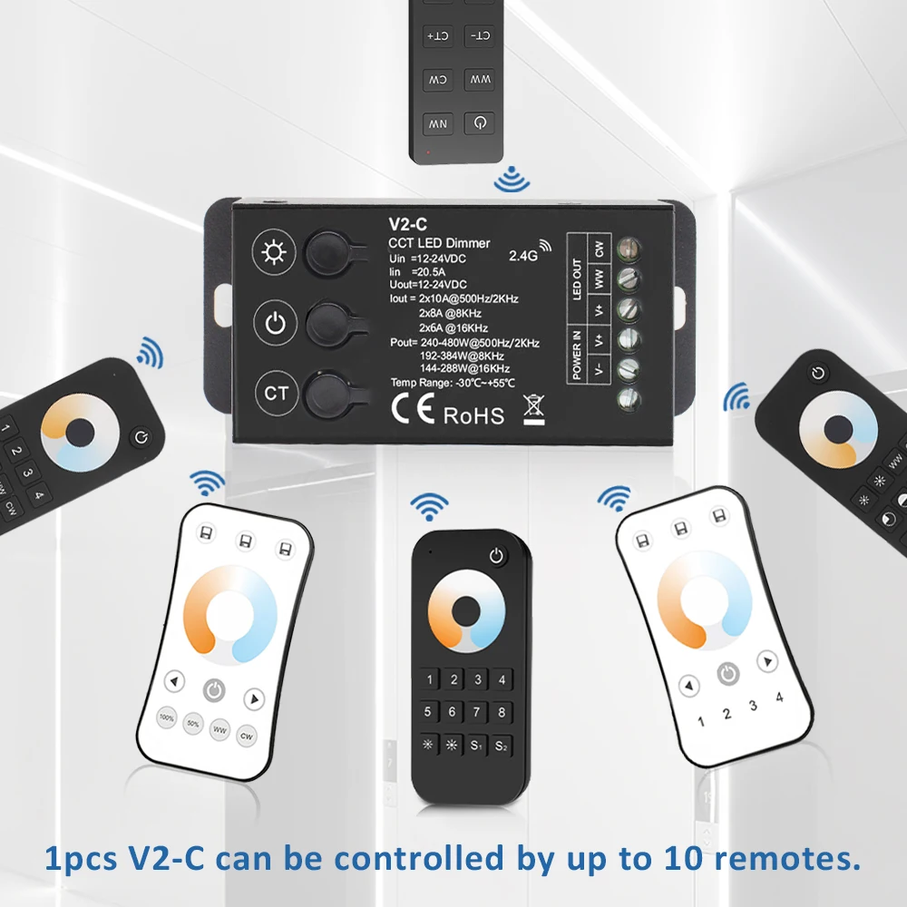 V2-C CCT LED Controller 12V 24V 2CH Dual White Color 5050 2835 COB LED Strip Light 2.4G RF Wireless 12 24 Volt Dimmer Controler