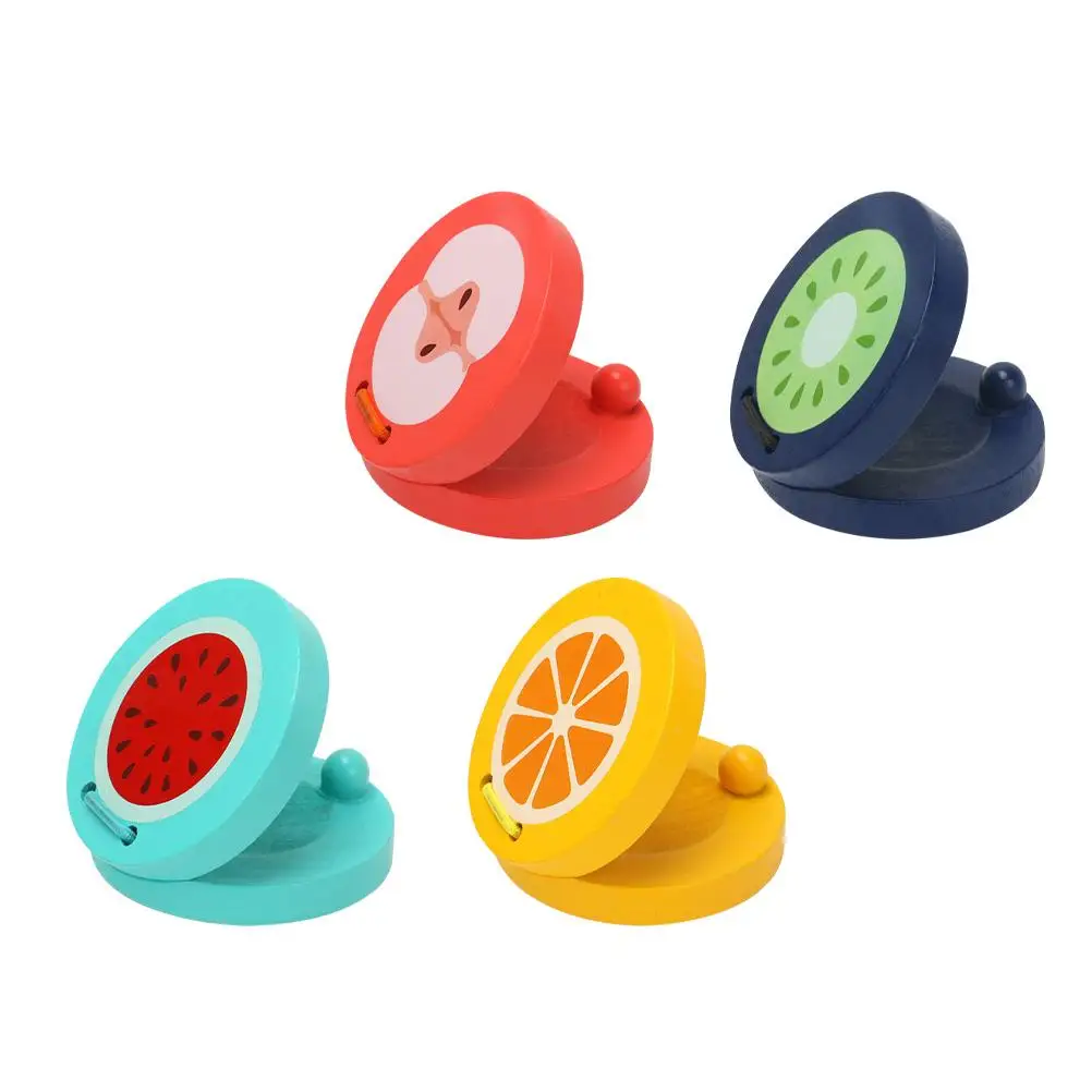 4 Pcs Wooden Fruit Castanets Kids Musical Toys Smooth Natural Wood Bright Color Pattern Intelligence Development Visual Auditory