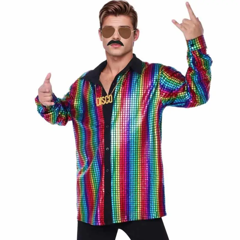 Men Rainbow Grid Metallic Long Sleeve Shirt Black Collar Button Down Slim Fit Disco Nightclub Stage Performance Party Costume