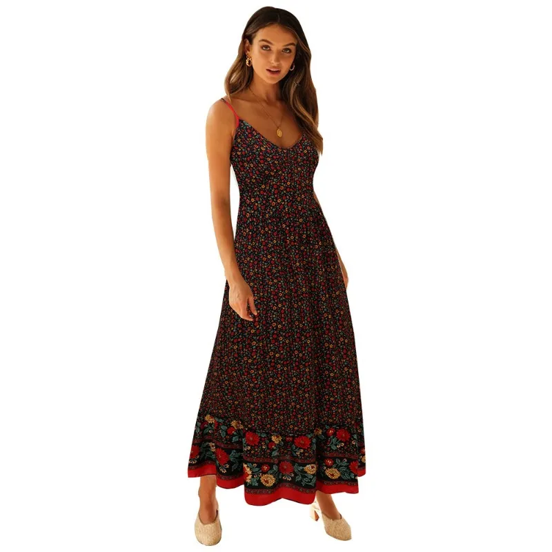 Abito floreale Boho da donna estivo 2025, abito maxi altalena con scollo a V e cinturino per spaghetti, vestito estivo da spiaggia ampio e casual con spacco laterale