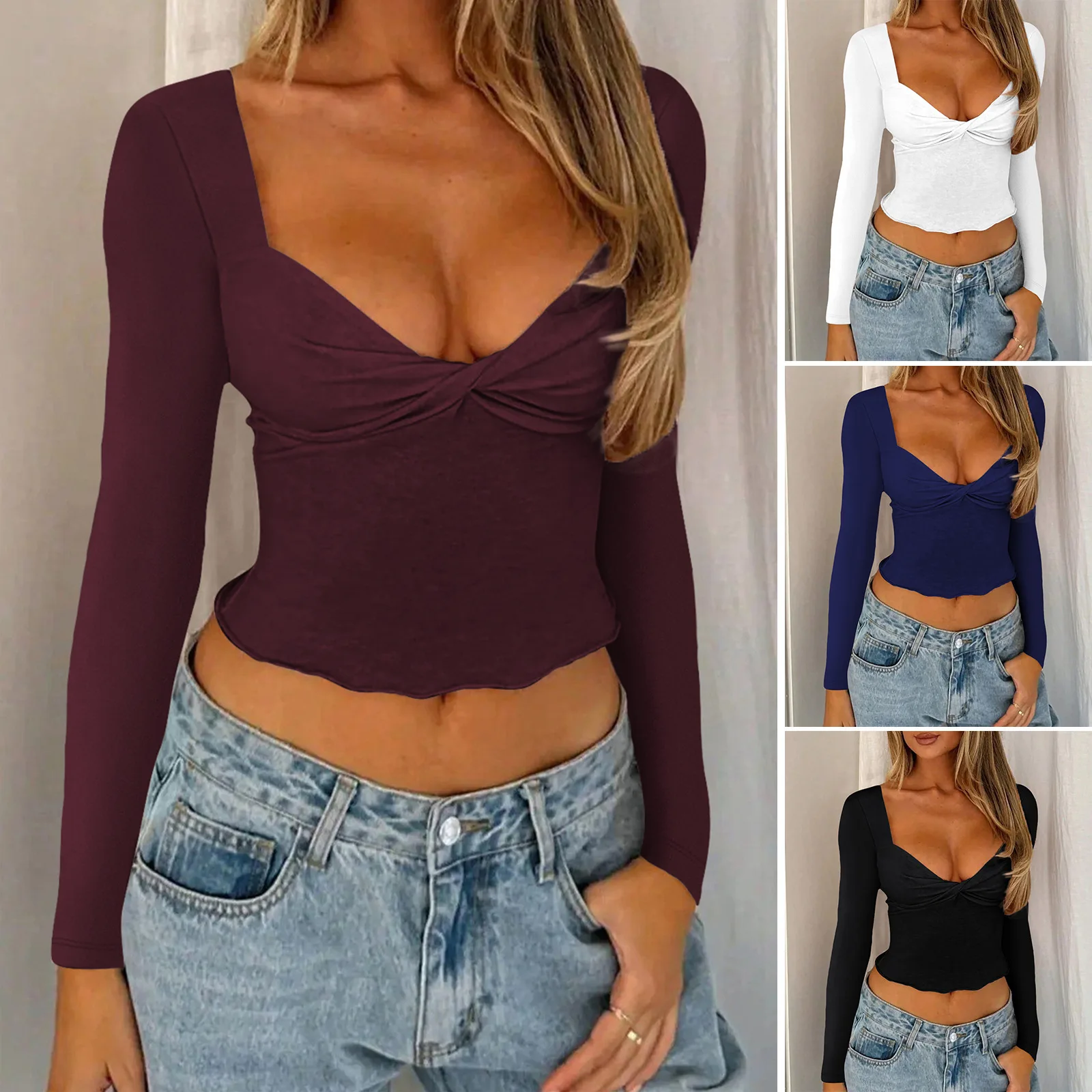 

Diyun Amazon трансграничные весенне-летние топы 2022, женская одежда Y2K, сексуальная женская футболка с длинными рукавами и глубоким вырезом Kinky Bm