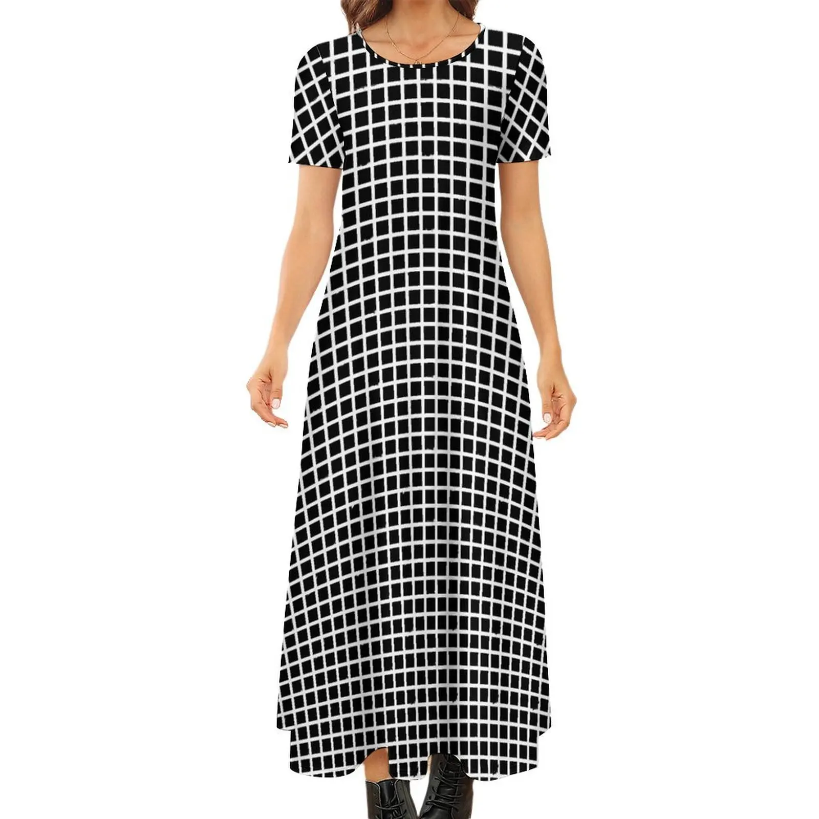 

Check Print Dress Black And White Plaid Trendy Maxi Dress Street Fashion Bohemia Long Dresses Lady Short Sleeve Oversize Vestido