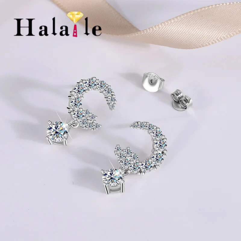 Halaile D Color Moissanite Sliver 925 Sterling Silver Crescent Moon Drop Earrings Trendy Fine Jewelry Elegant Gift for Women Men