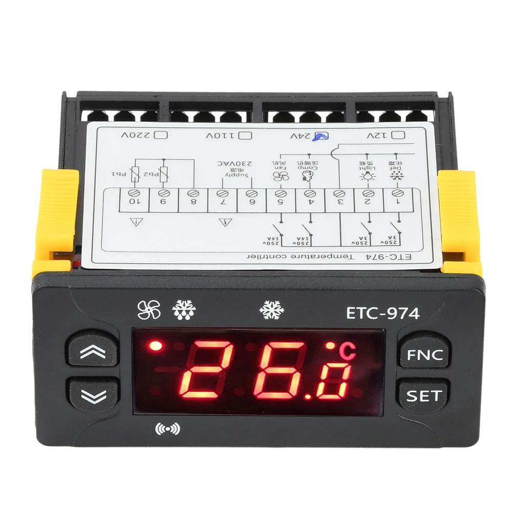 Dc 12v/24v ac 110v/220v ETC-974 controlador de temperatura geladeira descongelamento controle aquecimento termorregulador com sensor ntc