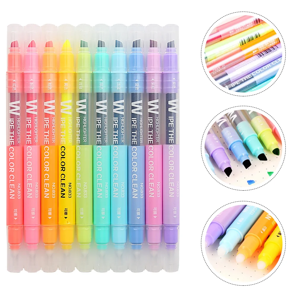 10 Pcs Erasable Highlighter Highlighters Pastel Liquid Marker Pens Double Head Double-end Plastic Writing Colorful Student Use