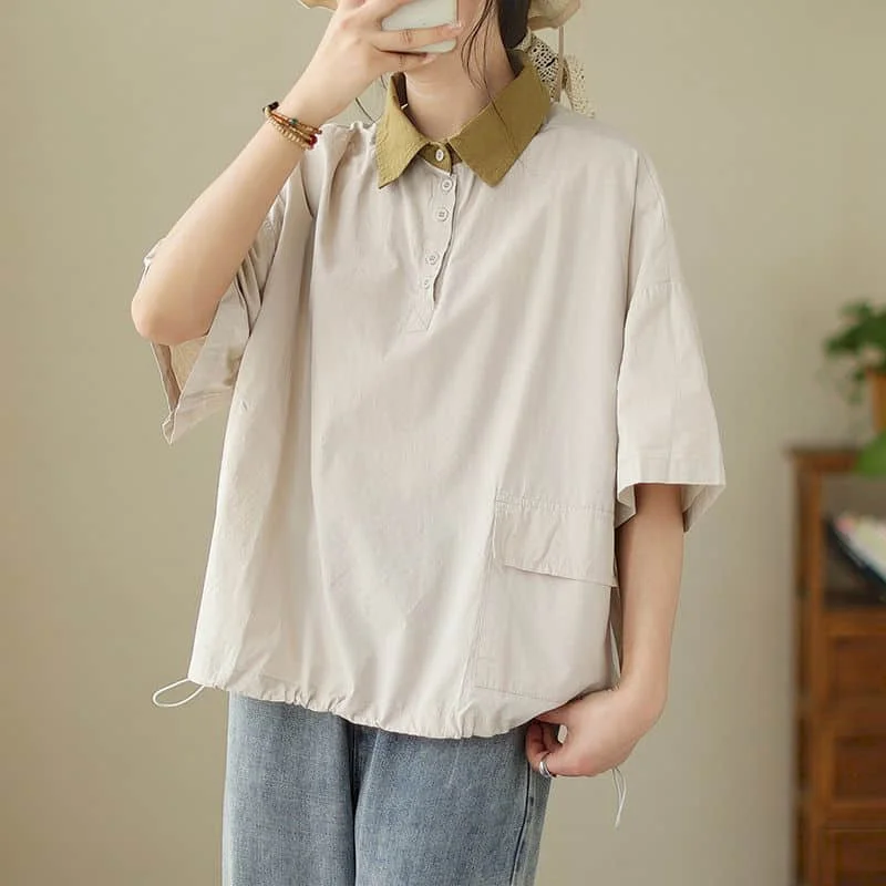 Cotton Linen Shirts for Women Half Sleeve Pullover Shirts Retro Solid Loose Casual Korean Fashion Polo-neck Blouse Women Tops