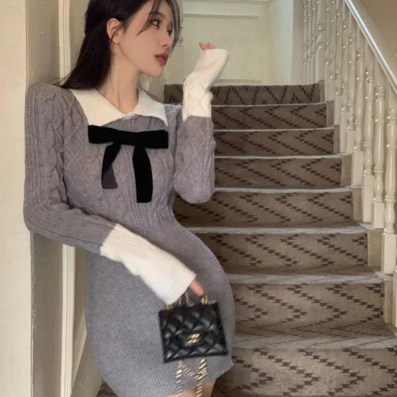 فستان نسائي منسوج بفيونكة عروض عالية الجودة موضة كورية مريحة كاجوال أساسية جديدة في فساتين كروشيه نسائية وردية #4