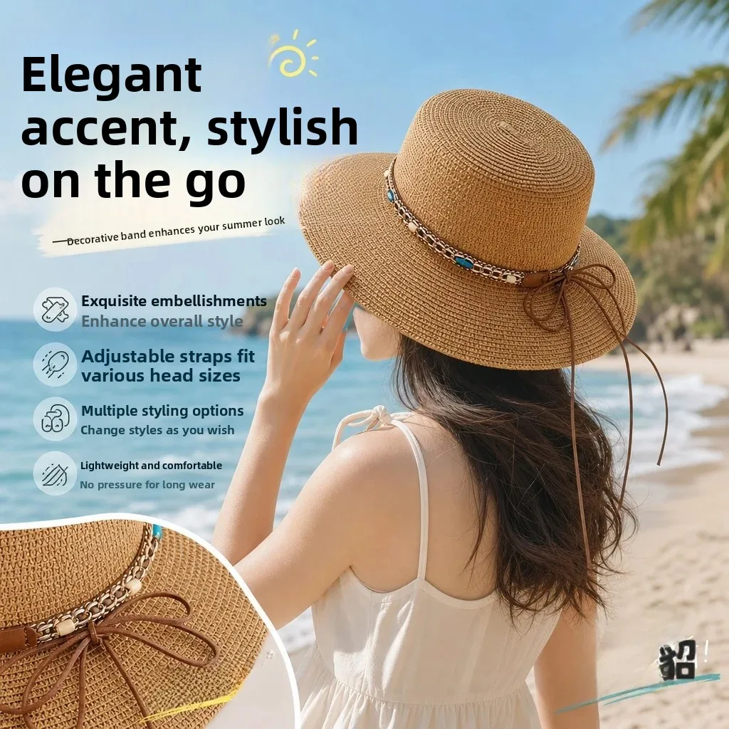 Women's Summer Travel Sunshade Hat Decorative Band Retro National Style Straw Hat Accessory Fashionable Headwear