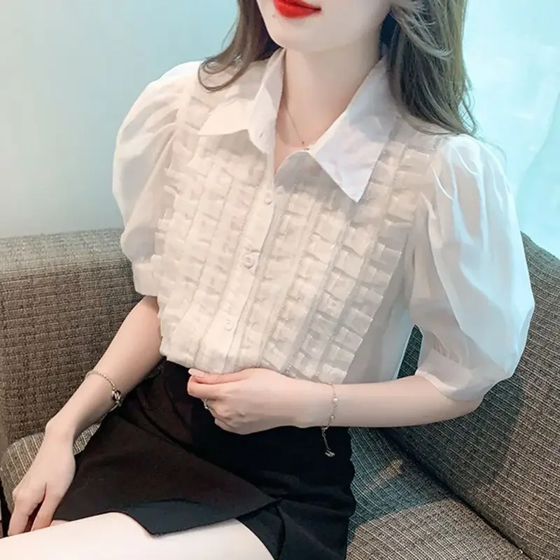 

Summer New Minimalist Solid Color Short Sleeved Chiffon Women Shirt French Casual Versatile Female Blouses