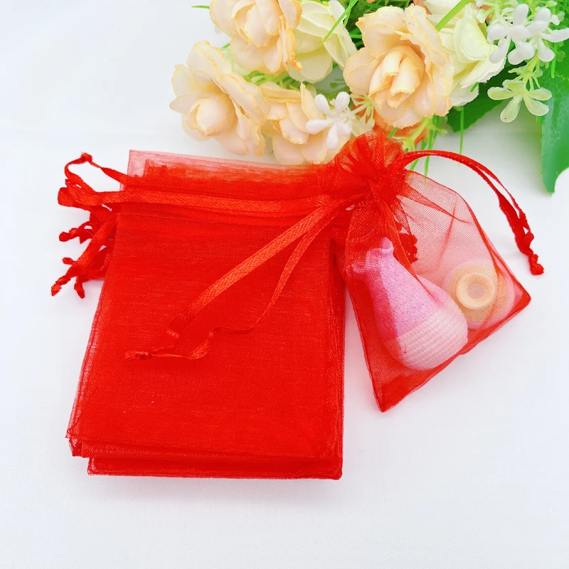 100pcs Red Gift Bag Transparent Organza Bag Red Organza Gift Bags Wedding Packaging Jewelry Storage Bags Drawstring Sachet Pouch